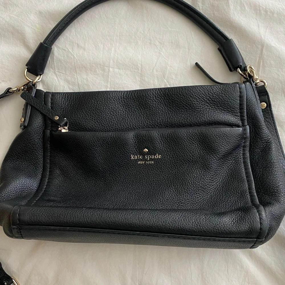 Kate Spade- Black Leather two Strap Hobo Style Satchel with Shoulder Strap
